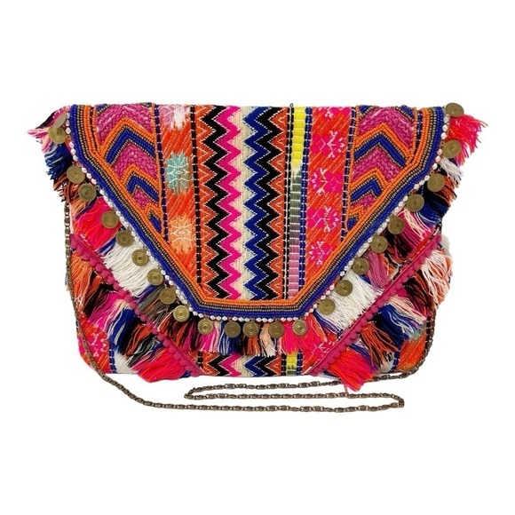 Steve Madden  Embroidered Multicolor Envelope Cross Body Bag With Chain Strap - Picture 1 of 7